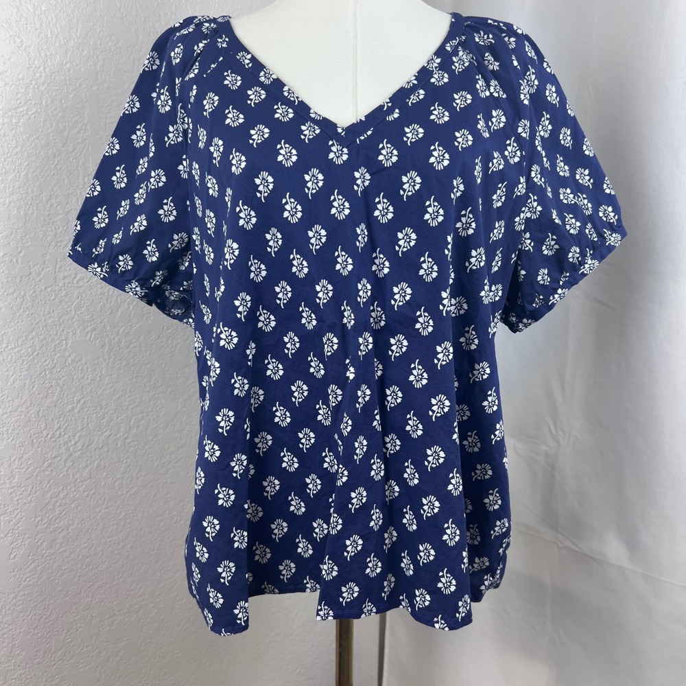 J Crew Floral Top Womens XL Blue Cotton Poplin V-Neck Short Sleeve Minimal